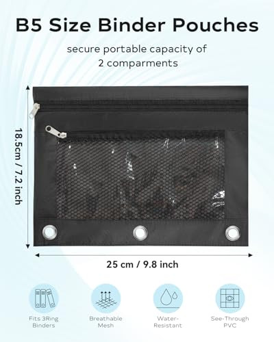 Pencil Pouch for 3 Ring Binder 3 Hole Zipper Pen Case Bag Holder Bulk Accessories Clear Window Aesthetic Organizer Pocke