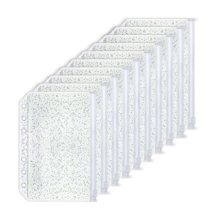 10pcs A6 Cash Stuffing Envelopes Zipper Binder Pockets Clear Glitter PVC 6 Hole Zip Sleeves Loose Leaf Pouches for 6 Rin