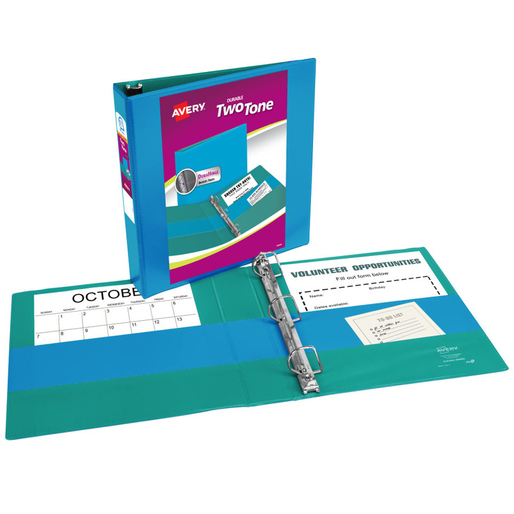 Avery TwoTone Durable View 3 Ring Binder 15 Inch Slant Rings Pool BlueTeal 375 Sheet Capacity 21 Wide Spine Holds 85 x 1
