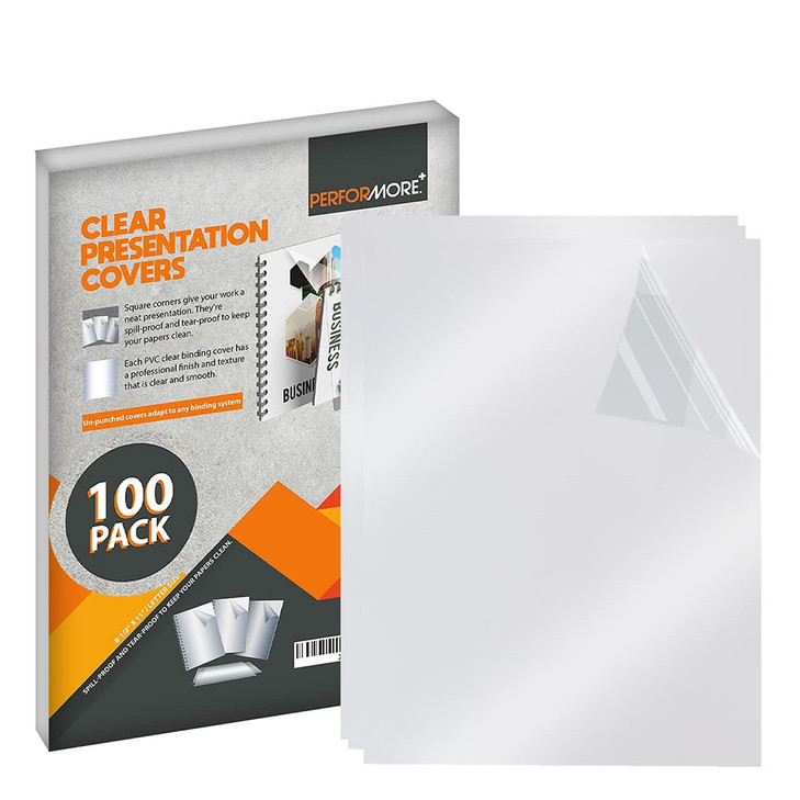 PERFORMORE 100 Pack of Binding Presentation Covers for Binding Machines 85 X 11 018mm Thick Crystal Clear Plastic Report