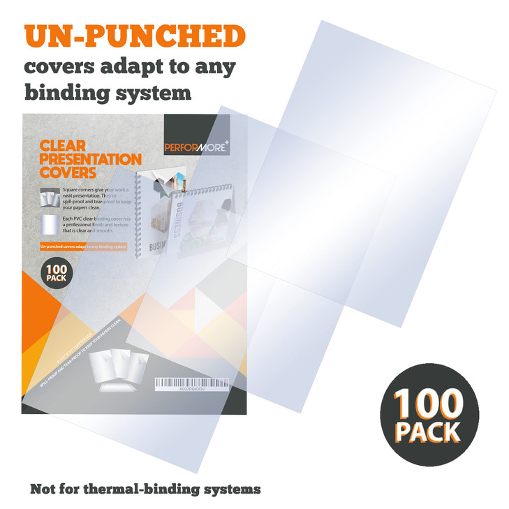 PERFORMORE 100 Pack of Binding Presentation Covers for Binding Machines 85 X 11 018mm Thick Crystal Clear Plastic Report
