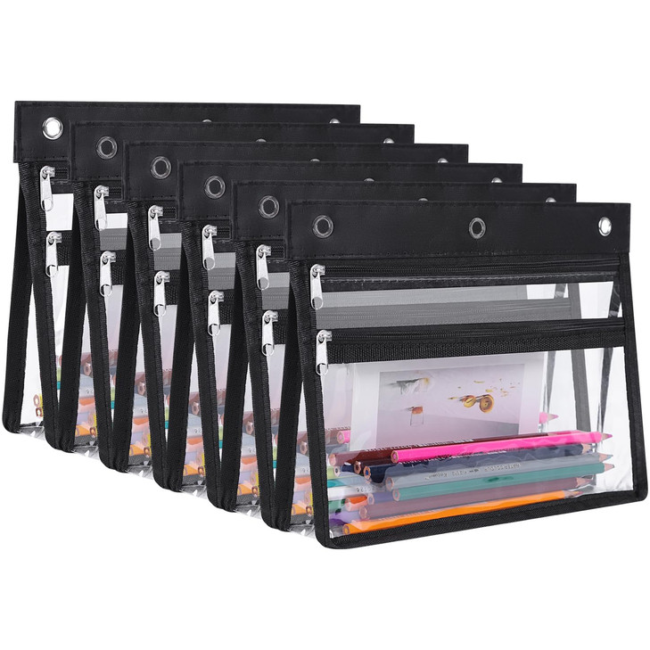 YoeeJob 6 Pack Zipper Pencil Pouches for 3 Ring Binder 15 Inch Expandable with 2 Pockets and Clear Window for School and