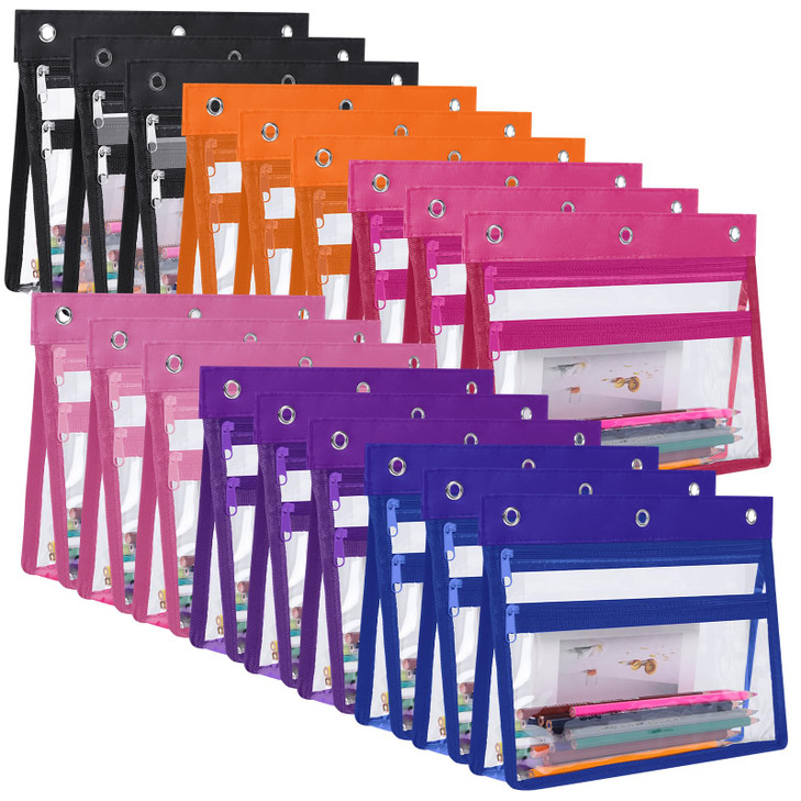 YoeeJob 18 Pack Zipper Pencil Pouches for 3 Ring Binder 15 Inch Expandable with 2 Pockets and Clear Window for School an