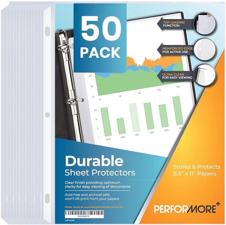 Performore 50Pack Clear Sheet Protectors 85 x 11 Inch Heavy Duty Plastic Sleeves Top Loading Reinforced Hole Page Protec