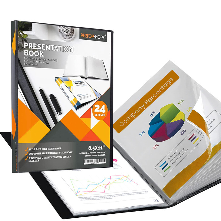 Performore 24Pocket Presentation Book Folder 85 x 11 Plastic Display Binder with SpillProof Clear Sleeves Archival AcidF