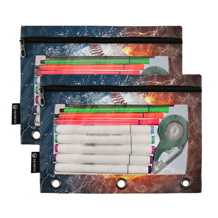 Emelivor Baseball Pencil Pouch for 3 Ring Binder 2 Pcs Pockets Pencil Pouches Bag with Clear Pencil Case Cosmetic Bag fo