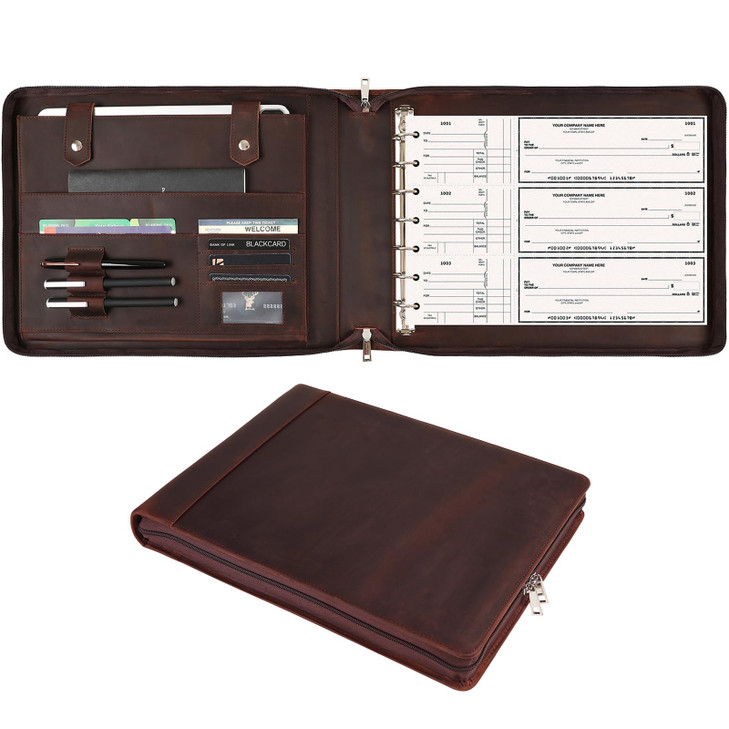 GZRHKJ 7 Ring Business Checkbook Binder Genuine Leather Zipper Check Binder 600 Checks Capacity for 9 x 13 Inch Sheet Pe