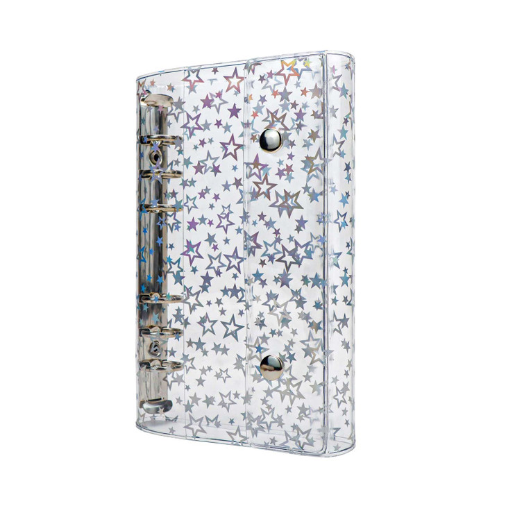 A6 Budget Binder Cover Clear PVC 6 Ring Binder Glitter Star Refillable Notebook Shell Protector with 2 Snaps for Cash En