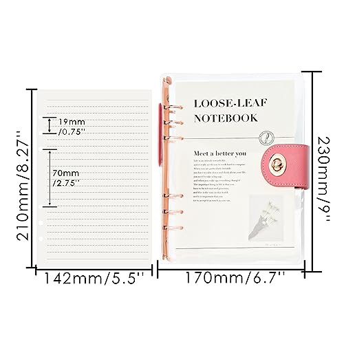 Clear A5 Refillable Notebook Binder with 90 Sheets Lined Paper Rose Gold 6Ring Soft Transparent PVC Binder Cover Protect