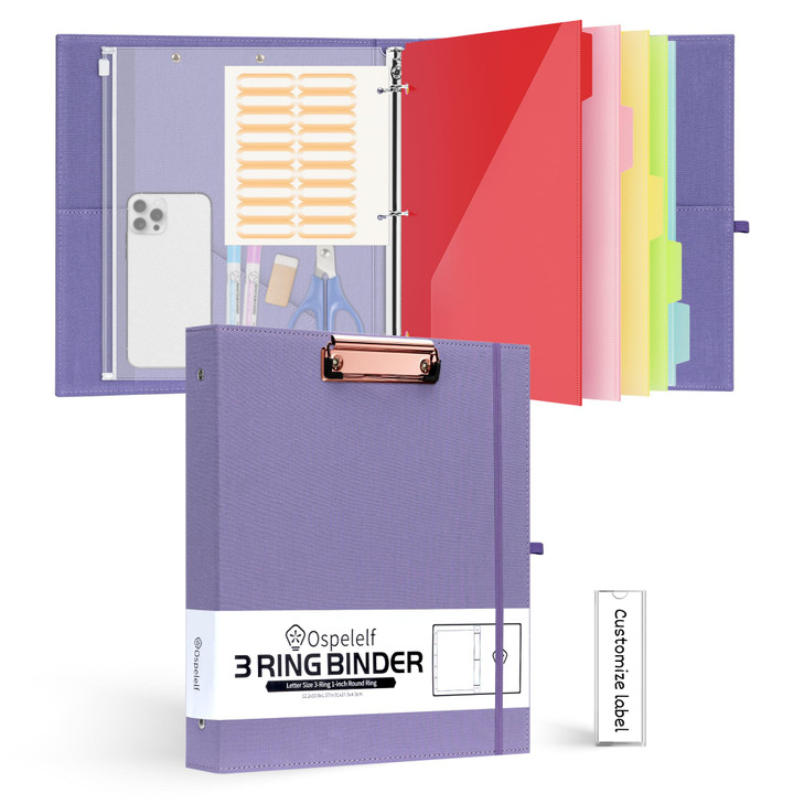 Ospelelf 1 Inch 3 Ring Binder with Dividers and Zipper Pouch 5 Plastic Folders with 10 Pockets Linen Hardcover Clipboard