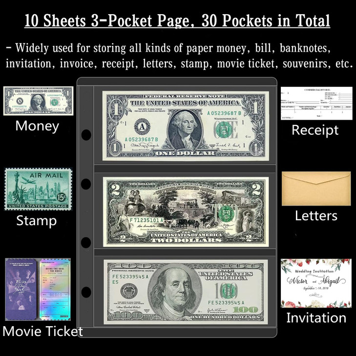 Ettonsun 10 Sheets 30 Pockets Paper Money Collection PagesCurrency SleevesCurrency Holder Collection Supplies Album Page