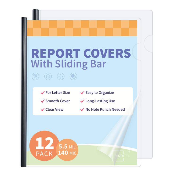 Binditek 12 Pack Clear Report Covers with Sliding Bars 25 Sheet Capacity 5mm Binding Bars Letter Size 55 Mil Thick Black