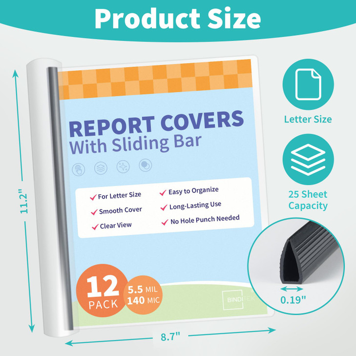 Binditek 12 Pack Clear Report Covers with Sliding Bars 25 Sheet Capacity 5mm Binding Bars Letter Size 55 Mil Thick Black
