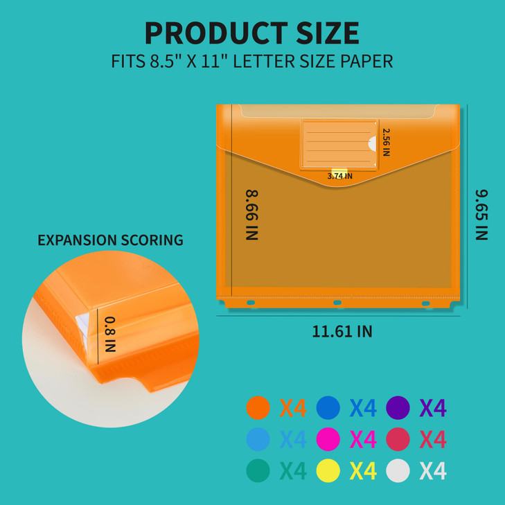 Binditek 36 Pack Binder Pocket Folders with 3 Holes High Capacity Pocket Folders with Hook and Loop Closure 9 Assorted C