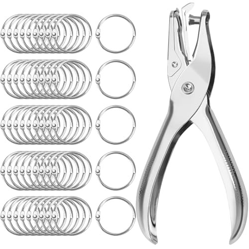 OWLKELA 1 Inch Binder Rings 50 Pack NickelPlated Metal Rings Includes Key Ring Clip and Hole Puncher Key Rings Great for