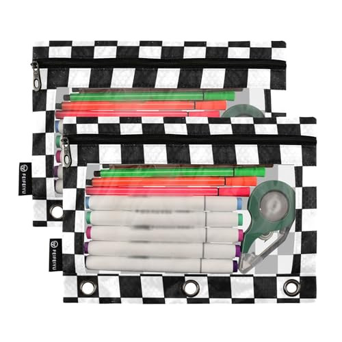 Fustylead Checkered Binder Pencil Pouch for 3 Ring Pencil Pouches Bags with Zipper Clear Window for School Office Cosmet