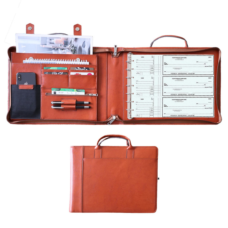 Business Check Binder 7 Ring for 3up Business Size Checks Vegan Leather Check Binder Portfolio with Handle Zipper Checkb