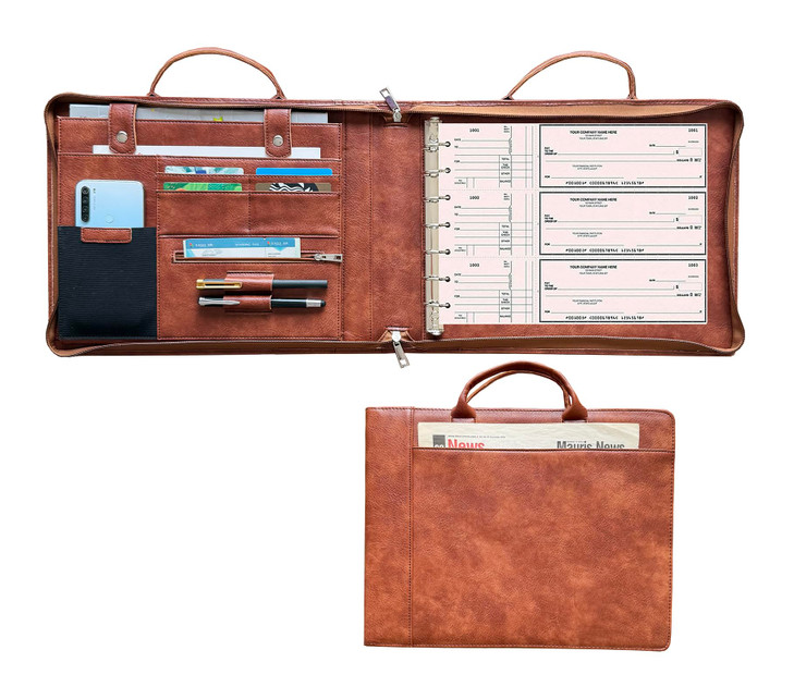 Gvalant 7 Ring Check Binder Vegan Leather Portfolio for 3Up Business Size Checks with Handle and Zippered Briefcase with