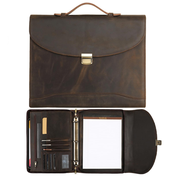GZRHKJ Genuine Leather Portfolio Organizer 3 Ring Binder with Zipper Professional Business Padfolio for Men and Women wi