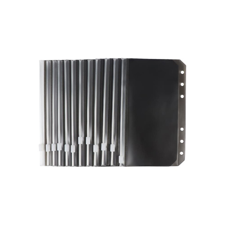 A6 Binder Pockets Zipper Budget Cash Envelopes 12pcs Black PVC Loose Leaf Bag Zip Pouch for 6 Ring Binder Money Organize