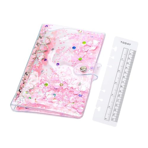NatSumeBasics Pink A6 Binder Cute Budget Binder Glitter Quciksand PVC Planner Cover 6 Rings Notebook Shell Protector wit