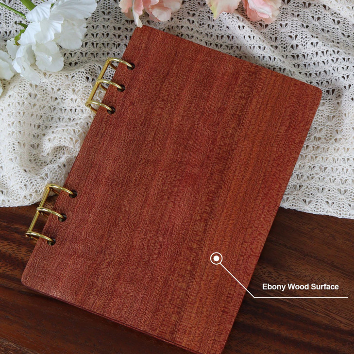 MultiBey A5 Binder Ebony Wood Binder Notebook Cover 6 Ring Loose Leaf Personal Planner Binder Wooden Cover with 45 Sheet