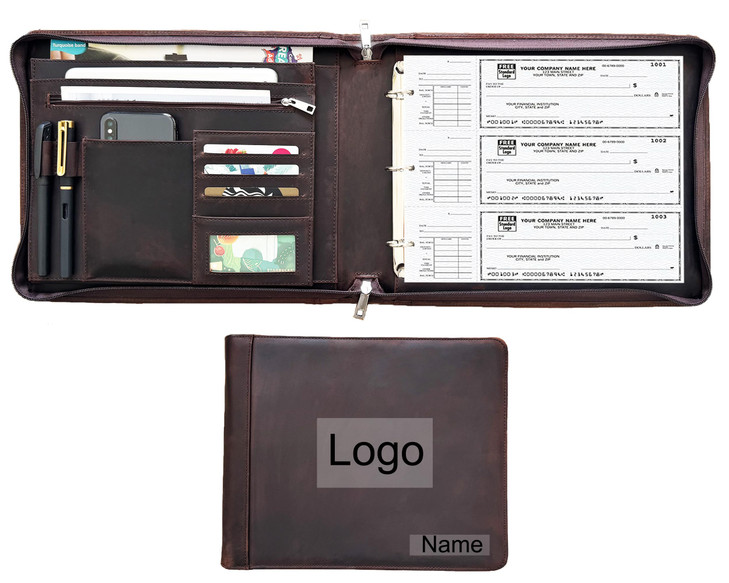 Business 3 Ring Check Binder Genuine Leather Check Book Portfolio for 3 Holes or 9 Holes Checks Check Book Binder for 11