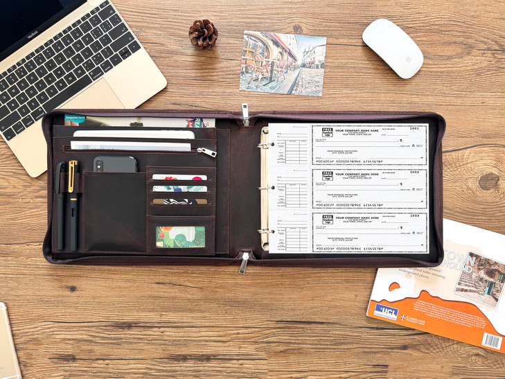 Business 3 Ring Check Binder Genuine Leather Check Book Portfolio for 3 Holes or 9 Holes Checks Check Book Binder for 11