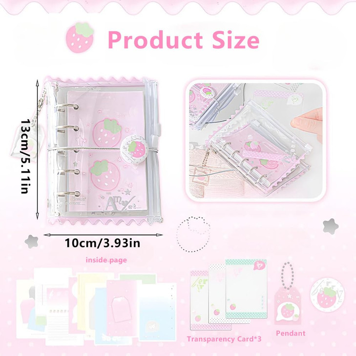 Kawaii M5 5 Rings Binder Notebook PVC Pink Strawberry Loose Leaf Binder Refillable Spiral Notebooks Daily Journal Cute S