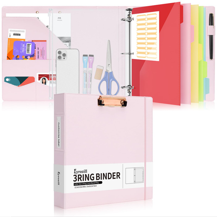Eyrozill Professional Leather Binder Portfolio with Clipboard Zipper Pouch 5 Sheets Plastic Dividers 85 x 11 2inch Round