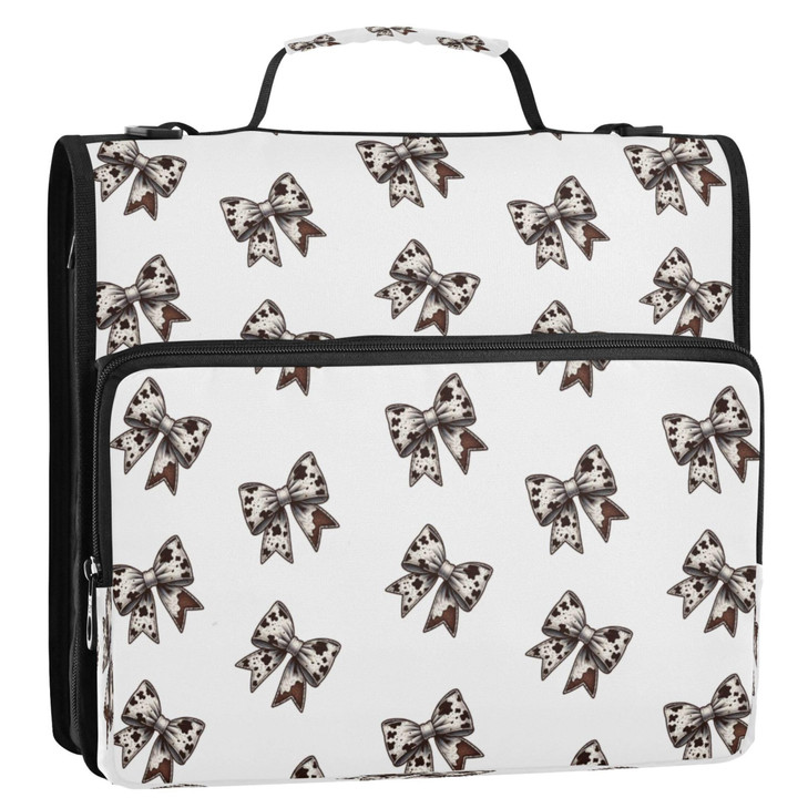 Kigai Cow Print Bows 3 Ring Zipper Binder with Handle Shoulder Strap Expanding File Multiple Pockets Binder Organizer