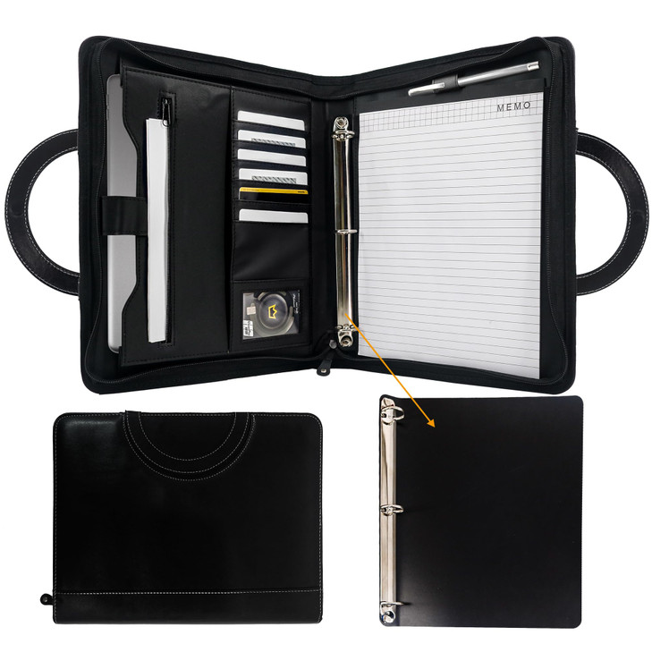 GraduatePro Zippered Portfolio Binder with HandlesProfessional Faux Leather Padfolio with 3 Ring Binder Removable Storag