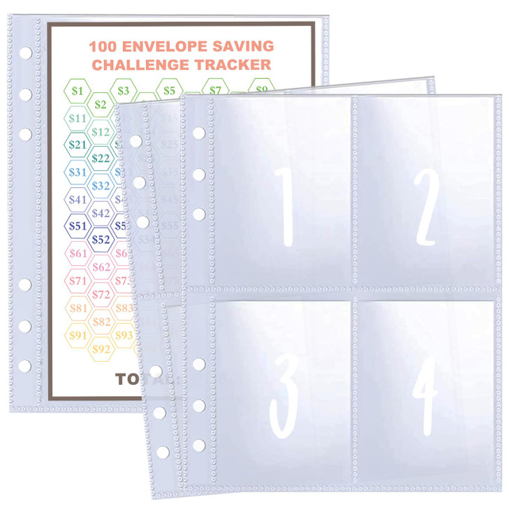 25 Pcs 4 Pocket 100 Envelopes Money Saving Challenge Sleeves and Tracker Sheet Protector Fit for 6 Ring A5 Binder PrePri