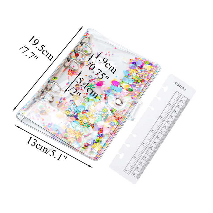 A6 Budget Binder Cover 6 Ring Binder Cute Glitter Quciksand PVC Planner Cover with Ruler Personal Notebook Shell Loose L