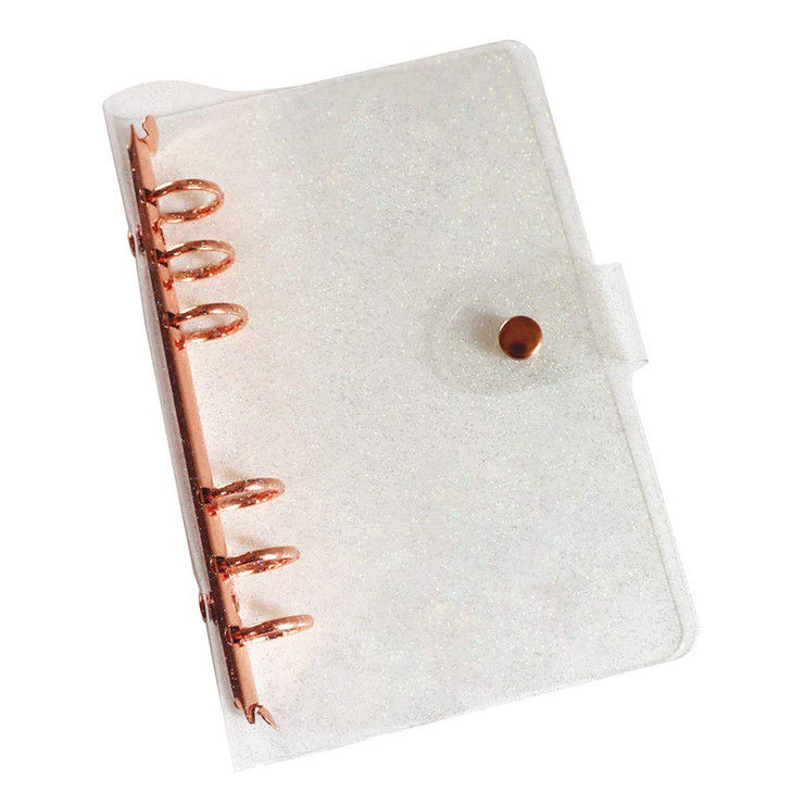 Personal A6 Glitter PVC Binder Cover Clear Soft PVC Notebook Shell 6 Rose Gold Round Ring Binders with Snap Button Closu