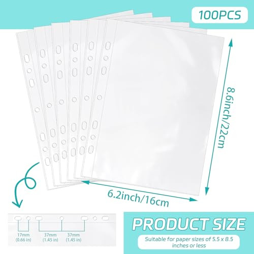 VOKOY 100 Pack 55x85 Inch Sheet Protectors for 3 or 6 Ring A5 Binder Half Letter Size 7 Holes Mini HeavyDuty Sheet Prote