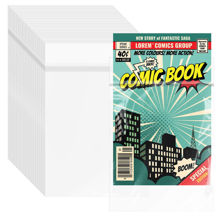 VOKOY 100 Pack Resealable Current Size Comic Book Bags Crystal Clear Self Sealing Comic Sleeves Storage Protection for R