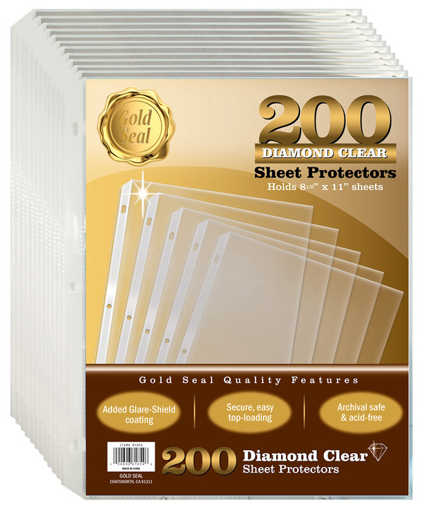 GOLD SEAL 200 Count Diamond Clear Sheet Protectors Added Anti Glare Coating Standard Durable Weight 85 x 11 Topload 200