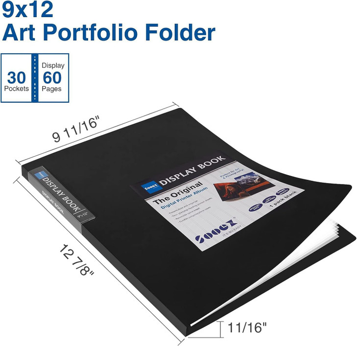 Sooez 30Pocket Binder with Plastic Sleeves 9x12 Black Heavy Duty Art Portfolio Folder with Clear Sheet Protectors Displa