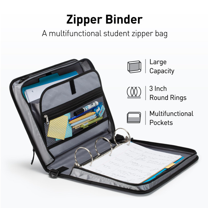 Kinbashi Round Ring 3Inch Zipper Binder Designed with Expanding Files and Handle Shoulder Strap Included Black