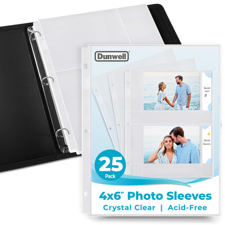 Dunwell 4x6 Photo Sleeves for 3Ring Binder Horizontal 25 Pack for 100 Pictures Each Sheet Holds Four 4 x 6 Pictures or P