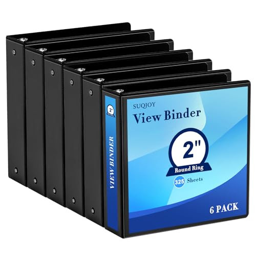2 Inch 3Ring Binder 2 Round Ring Binder with 2 Inside Pockets 6 Pack Black Binders Clear View Cover Holds Up to 450 Shee