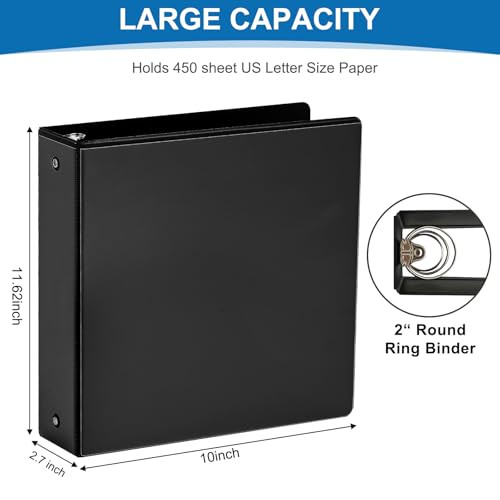 2 Inch 3Ring Binder 2 Round Ring Binder with 2 Inside Pockets 6 Pack Black Binders Clear View Cover Holds Up to 450 Shee