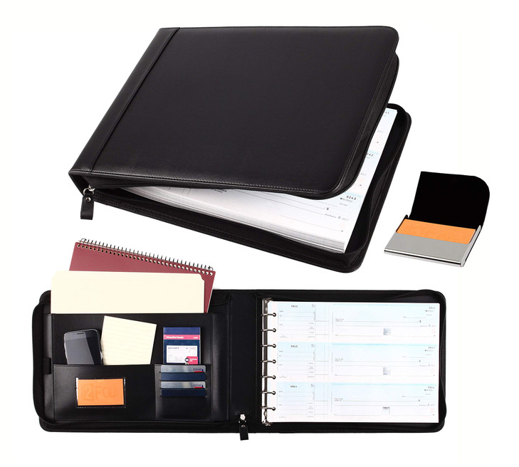 2Fold Zippered Business Checkbook Binder 7 Ring Binder for Business Checks with Builtin Organizer and Card Case PU Leath