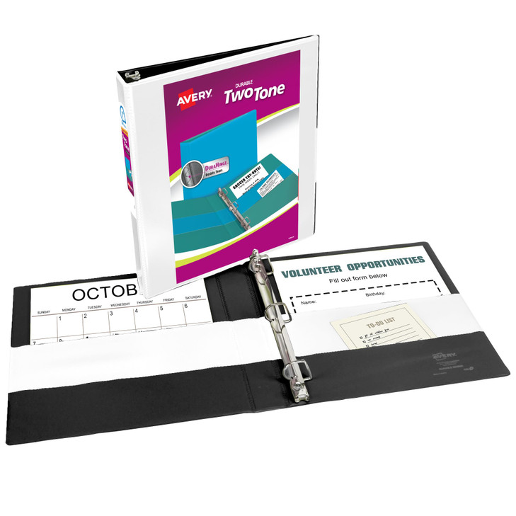 Avery TwoTone Durable View 3 Ring Binder 1 Inch Slant Rings WhiteBlack Binder 17286