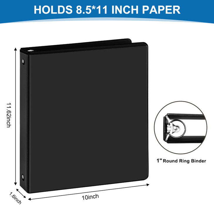 SUQJOY 1inch 3Ring Binder 1 Round Ring Binder with 2 Inside Pockets 8 Pack Black Binders Clear View Cover Holds 85 x 11P