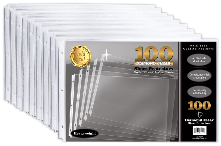 GOLD SEAL 100 Pack 11x17 Inch Heavyweight Diamond Clear Sheet Protectors Side Loading Ledger Sheet Protectors3Hole Punch