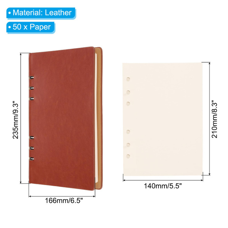 PATIKIL 6 Ring Binder Cover A5 Leather Notebook Binder Mini Refillable Loose Leaf Personal Planner with 80 Sheets Paper