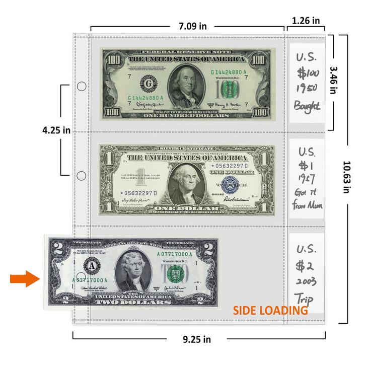 Currency Sleeves with Label Pockets 50 PCS Banknote Sleeves 3Pocket Page Protector for 3 Ring Binder 85 x 11 Currency Ho