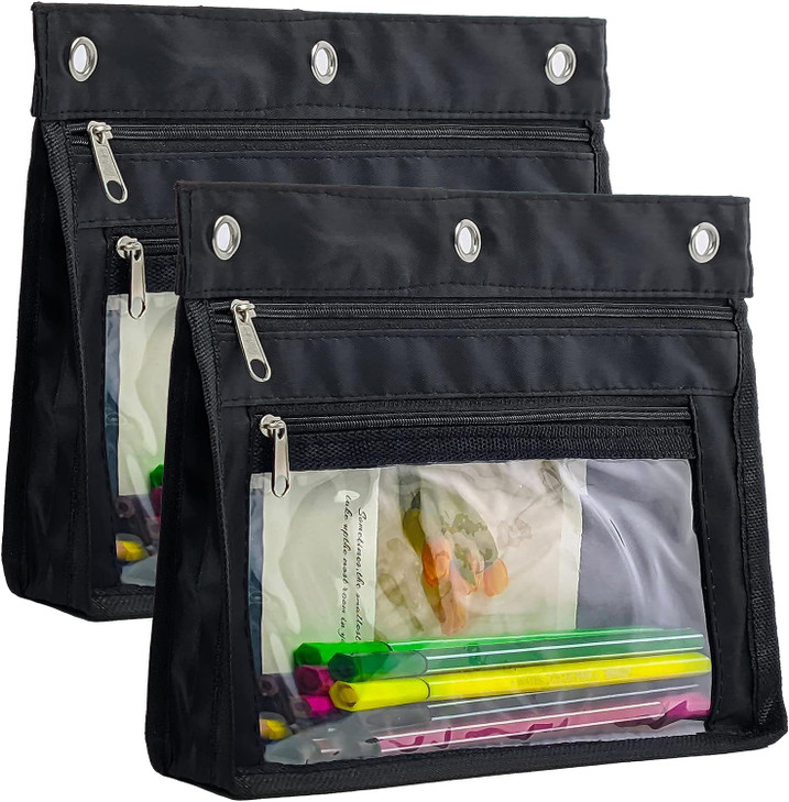 YoeeJob 2 Pack 1 Inch Expandable Zipper Pencil Pouches with Clear Window for 3 Ring Binder Suitable for School Office Bl
